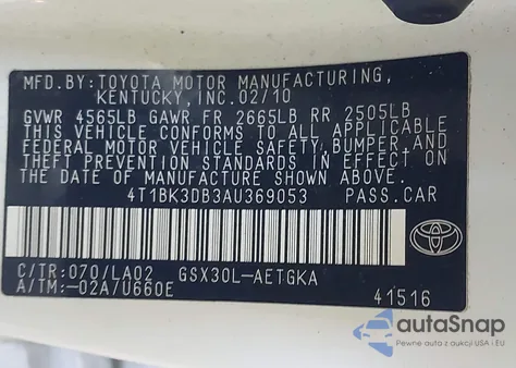 2010 Toyota Avalon Xls from USA, damaged, VIN 4T1BK3DB3AU369053